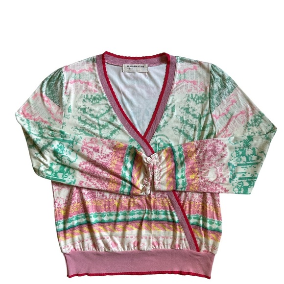 Aldo Martins Anthropologie Andalia Surplice Knit Pink Green Long Sleeve Top S - Picture 4 of 13